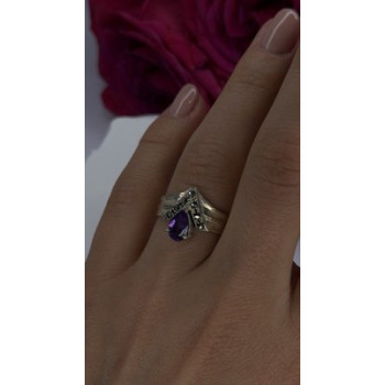 Vintage 925 Sterling Silver Amethyst & Marcasite Ring Size 7.5