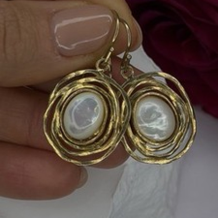 Israel 925 Sterling Silver Gold Plated Moonstone Earrings