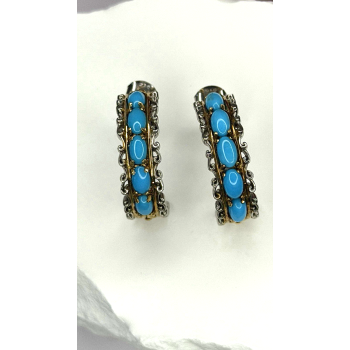 925 Sterling Silver Gold Plated Part Blue Turquoise Earrings