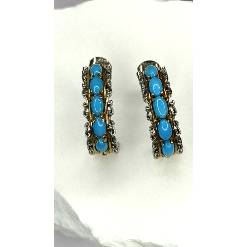 925 Sterling Silver Gold Plated Part Blue Turquoise Earrings