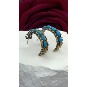 925 Sterling Silver Gold Plated Part Blue Turquoise Earrings