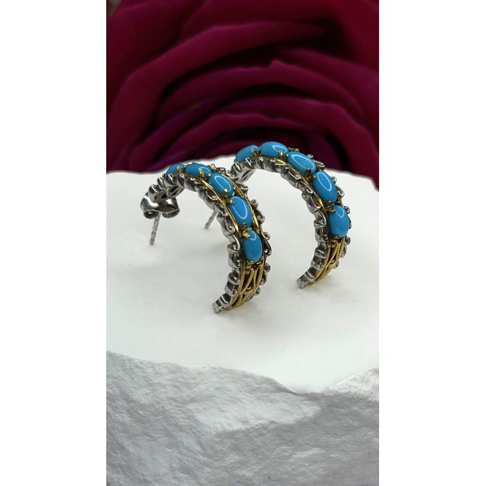 925 Sterling Silver Gold Plated Part Blue Turquoise Earrings
