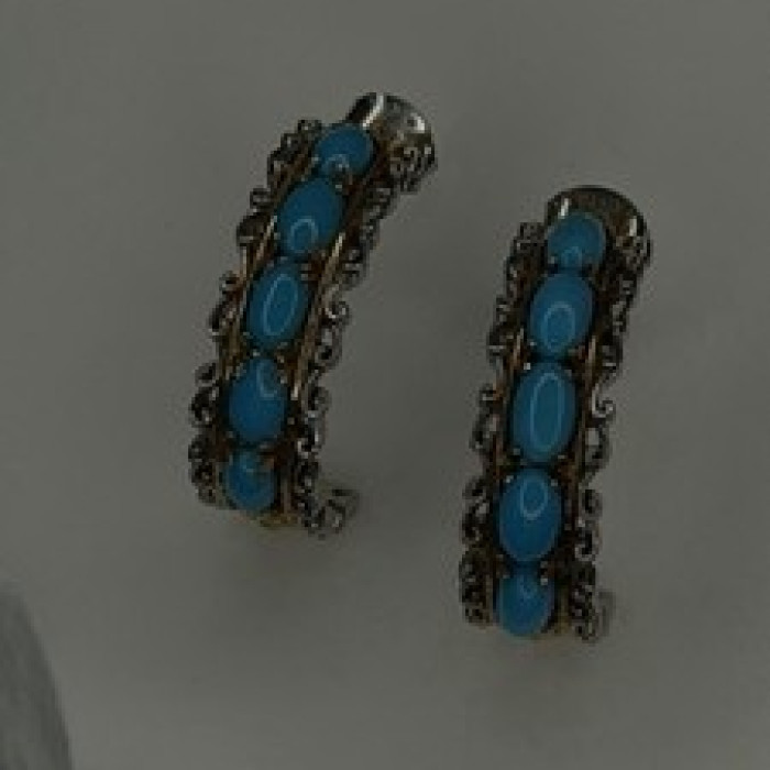 925 Sterling Silver Gold Plated Part Blue Turquoise Earrings