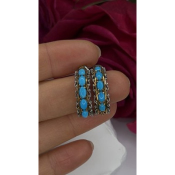 925 Sterling Silver Gold Plated Part Blue Turquoise Earrings