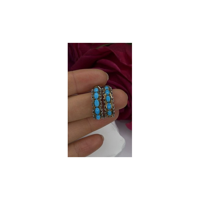925 Sterling Silver Gold Plated Part Blue Turquoise Earrings