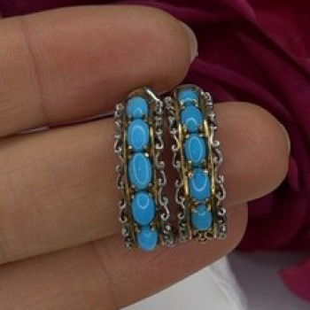 925 Sterling Silver Gold Plated Part Blue Turquoise Earrings