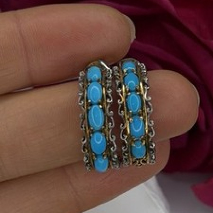 925 Sterling Silver Gold Plated Part Blue Turquoise Earrings