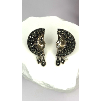 Half Moon Face Design 925 Sterling Silver Marcasite Stones Earrings