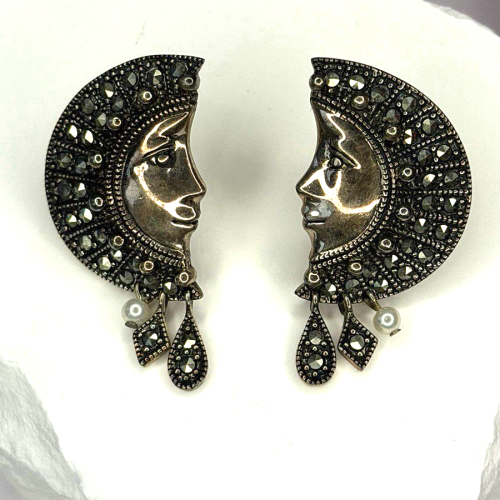 Half Moon Face Design 925 Sterling Silver Marcasite Stones Earrings