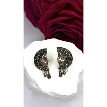 Half Moon Face Design 925 Sterling Silver Marcasite Stones Earrings