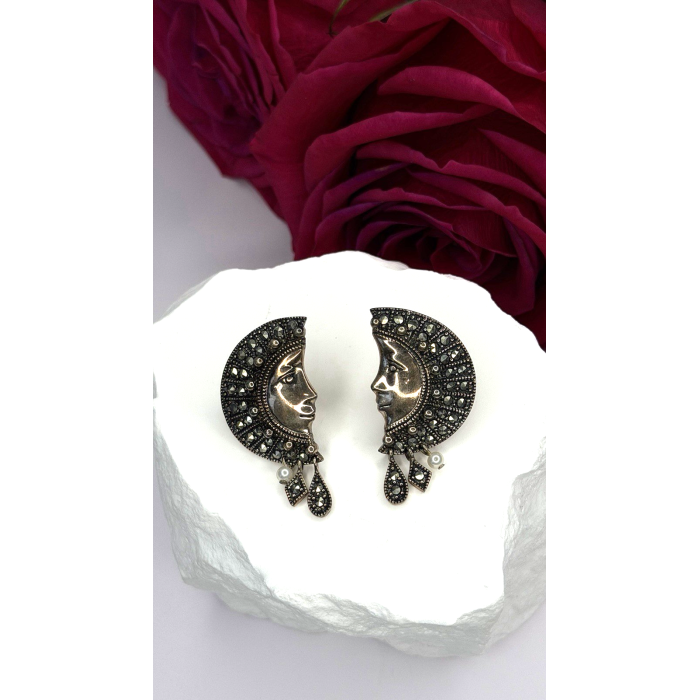 Half Moon Face Design 925 Sterling Silver Marcasite Stones Earrings