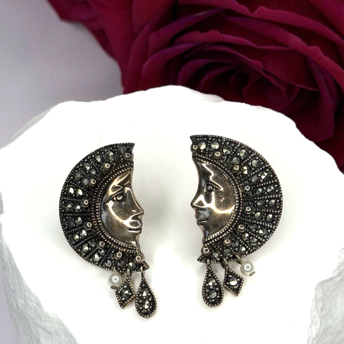Half Moon Face Design 925 Sterling Silver Marcasite Stones Earrings