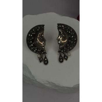 Half Moon Face Design 925 Sterling Silver Marcasite Stones Earrings