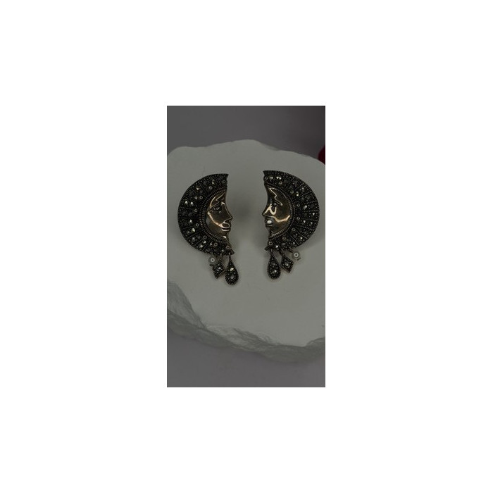 Half Moon Face Design 925 Sterling Silver Marcasite Stones Earrings