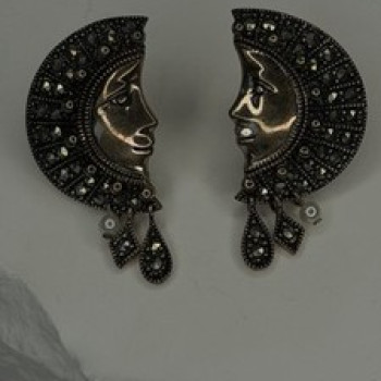 Half Moon Face Design 925 Sterling Silver Marcasite Stones Earrings