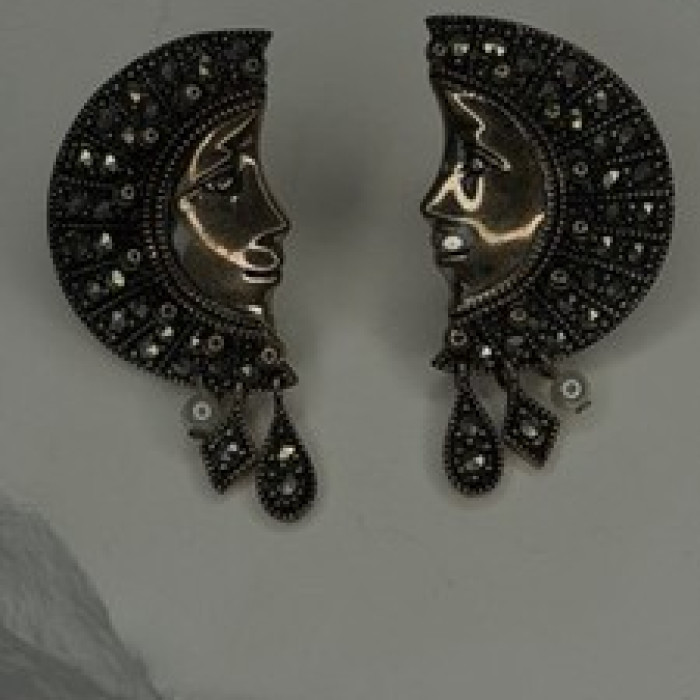 Half Moon Face Design 925 Sterling Silver Marcasite Stones Earrings