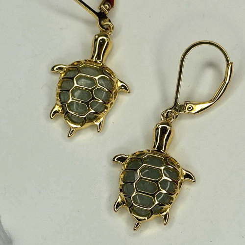 925 Sterling Silver Gold Plated Dynasty Jade Turtle Lever back Earrings