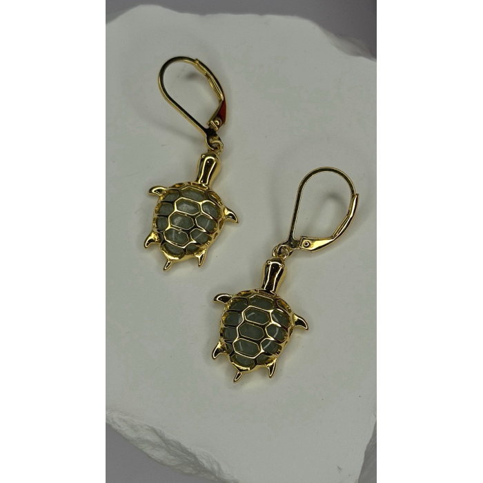 925 Sterling Silver Gold Plated Dynasty Jade Turtle Lever back Earrings