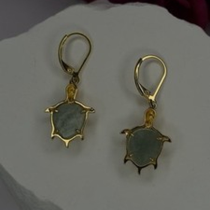 925 Sterling Silver Gold Plated Dynasty Jade Turtle Lever back Earrings
