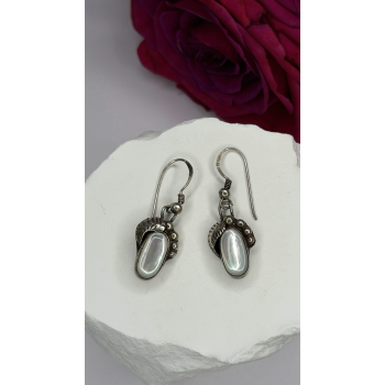 Vintage 925 Sterling Silver Mother-of-pearl Cabochons Dangle Earrings