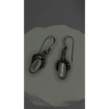 Vintage 925 Sterling Silver Mother-of-pearl Cabochons Dangle Earrings