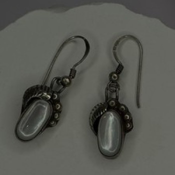 Vintage 925 Sterling Silver Mother-of-pearl Cabochons Dangle Earrings