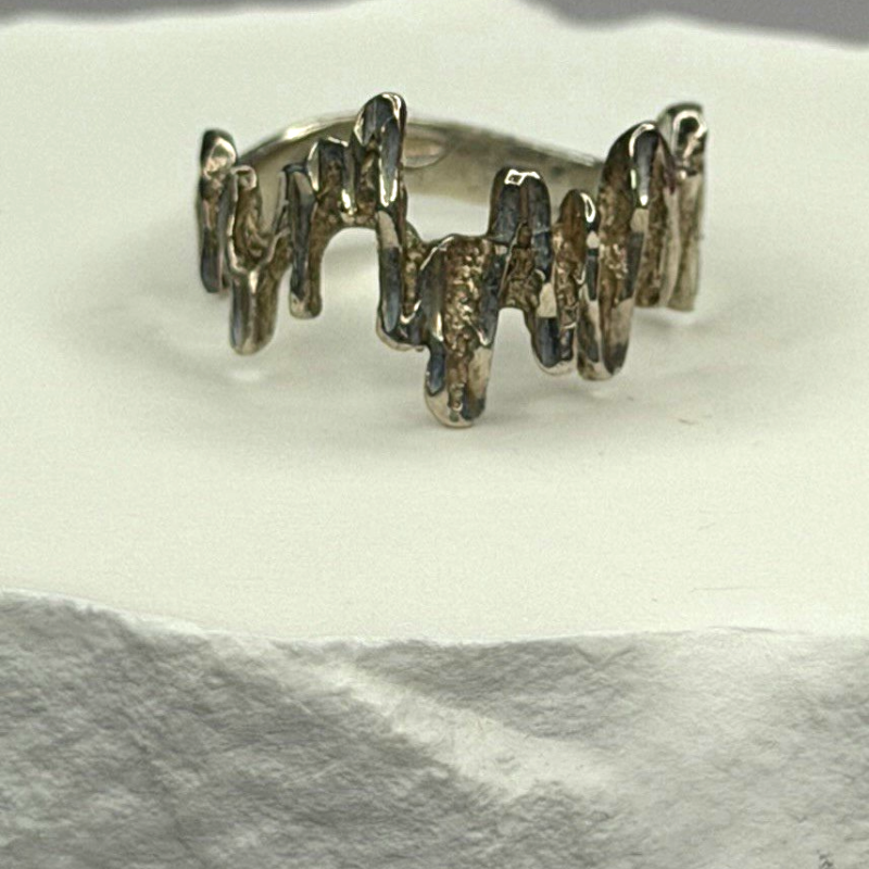 Artisanal Rock Wall Design 925 Sterling Silver Molten-Style Band Ring Size 6