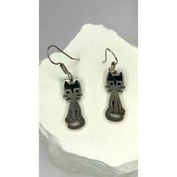 Vintage Taxco 925 Sterling Silver Green Malachite Cat Earrings