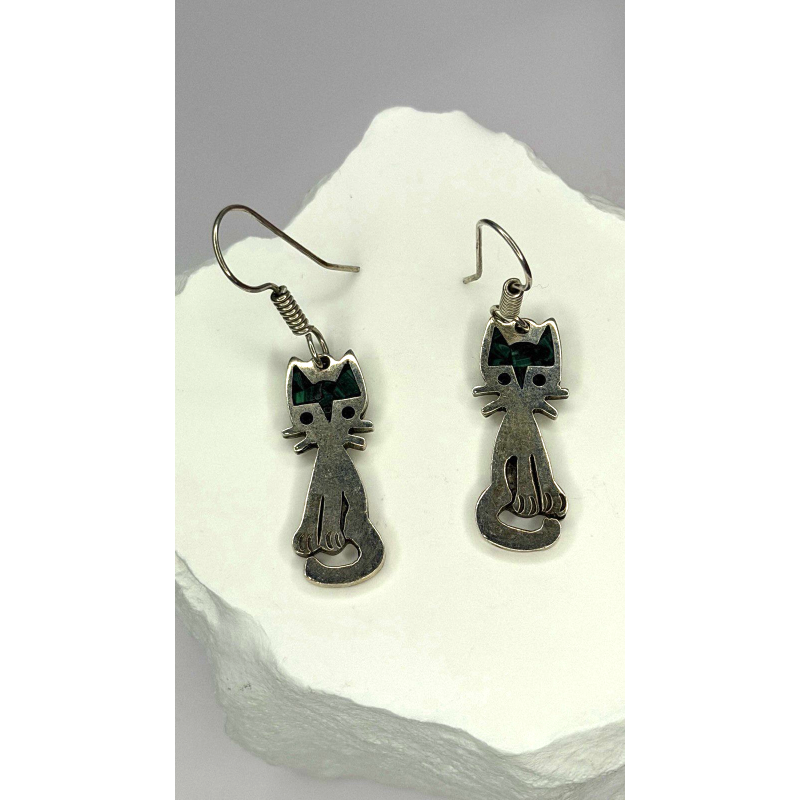 Vintage Taxco 925 Sterling Silver Green Malachite Cat Earrings