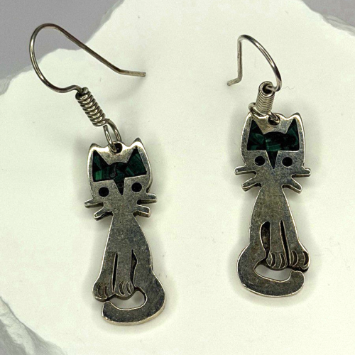 Vintage Taxco 925 Sterling Silver Green Malachite Cat Earrings