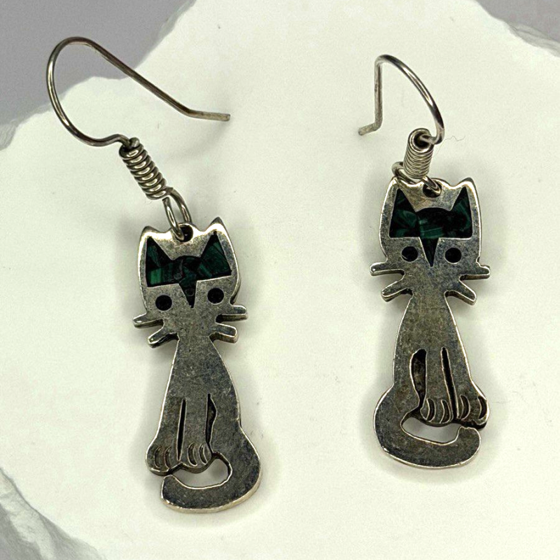 Vintage Taxco 925 Sterling Silver Green Malachite Cat Earrings