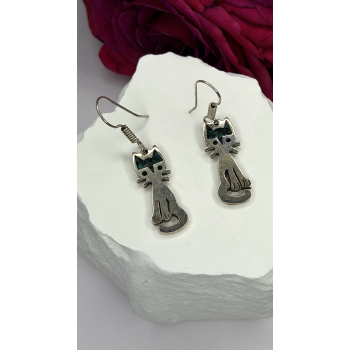 Vintage Taxco 925 Sterling Silver Green Malachite Cat Earrings