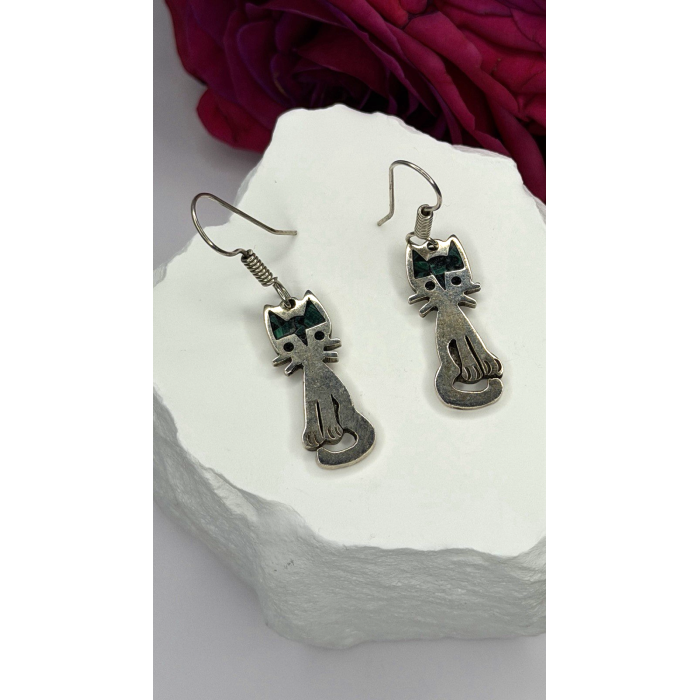 Vintage Taxco 925 Sterling Silver Green Malachite Cat Earrings