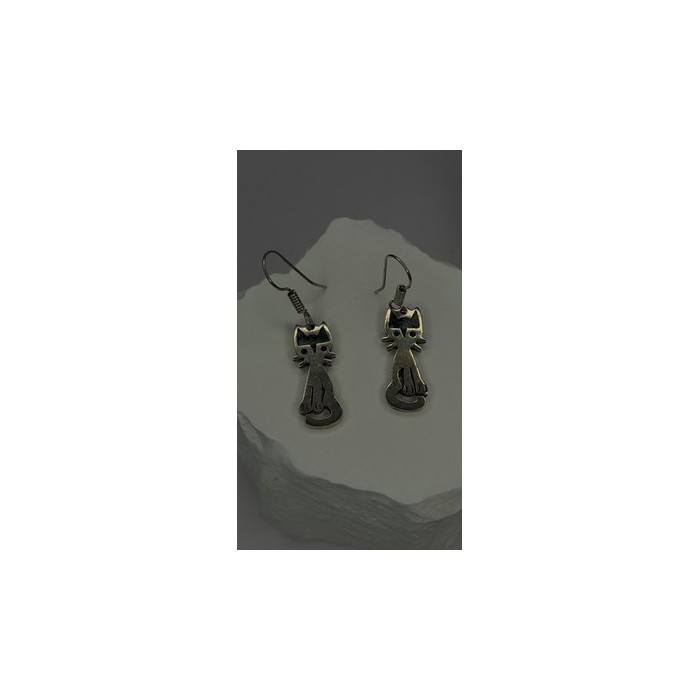 Vintage Taxco 925 Sterling Silver Green Malachite Cat Earrings