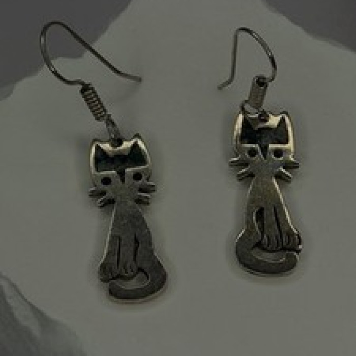 Vintage Taxco 925 Sterling Silver Green Malachite Cat Earrings