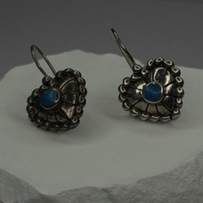 Vintage 925 Sterling Silver Blue Turquoise Heart Earrings