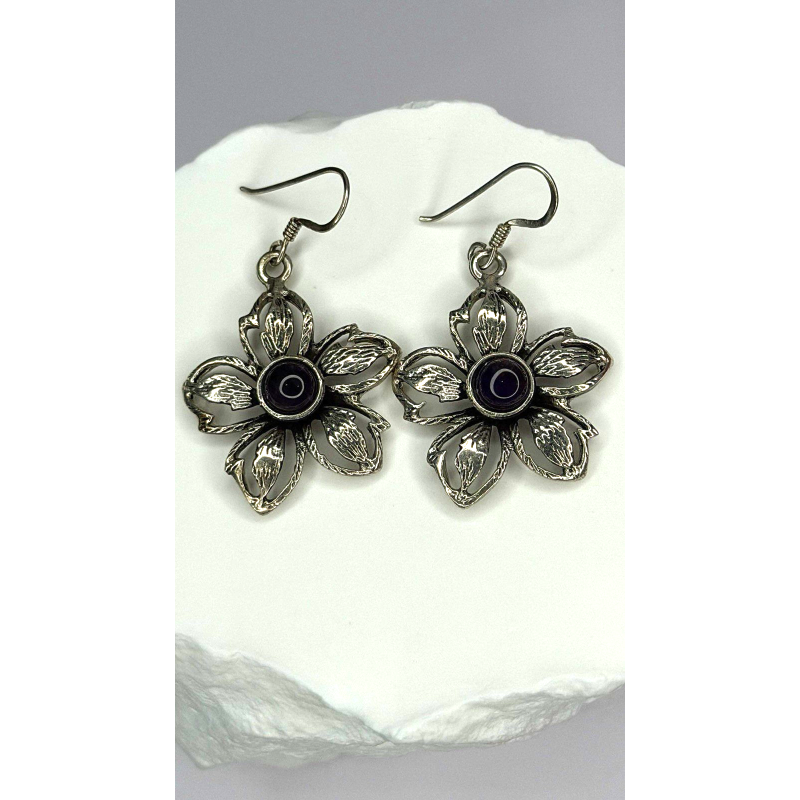 Vintage Flower 925 Sterling Silver Amethyst Earrings
