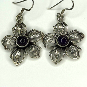 Vintage Flower 925 Sterling Silver Amethyst Earrings