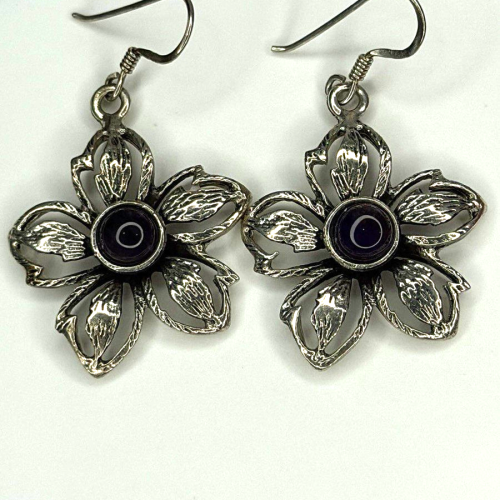 Vintage Flower 925 Sterling Silver Amethyst Earrings