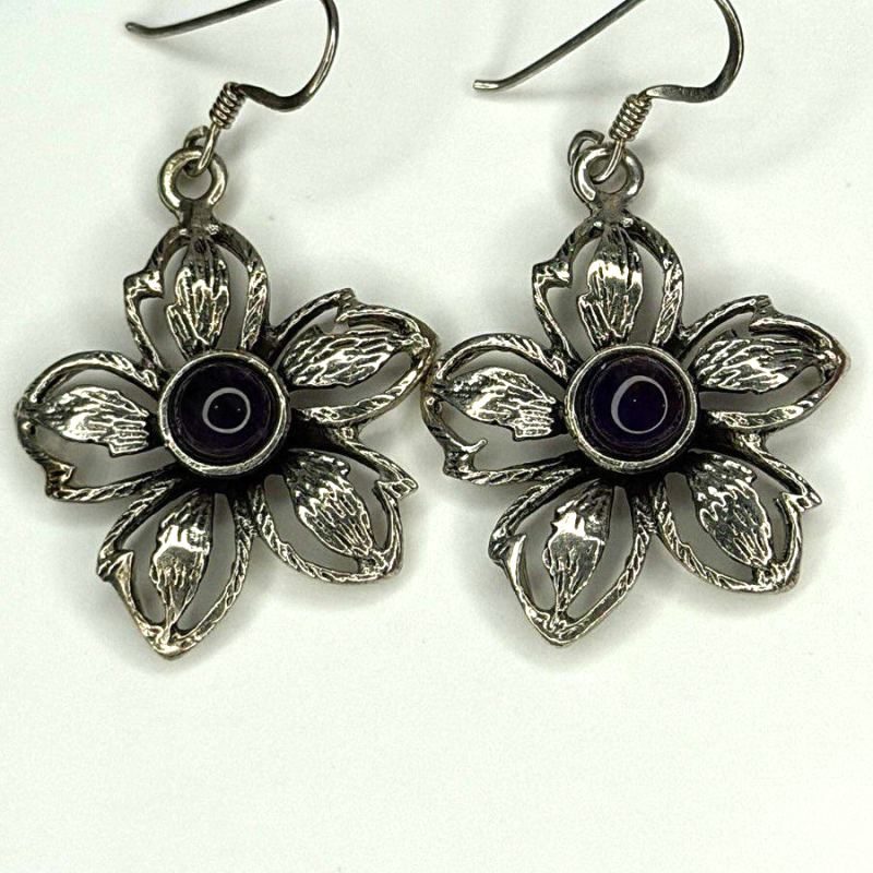 Vintage Flower 925 Sterling Silver Amethyst Earrings