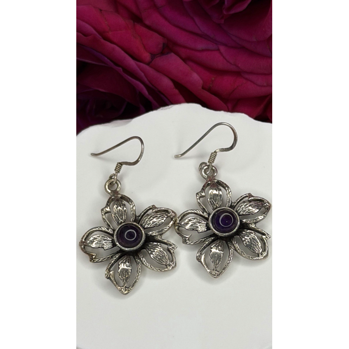 Vintage Flower 925 Sterling Silver Amethyst Earrings