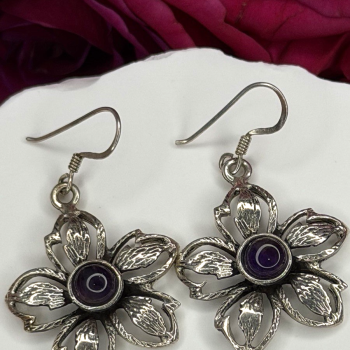 Vintage Flower 925 Sterling Silver Amethyst Earrings
