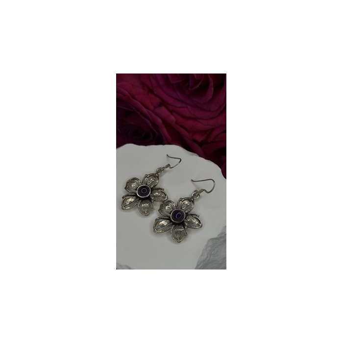 Vintage Flower 925 Sterling Silver Amethyst Earrings