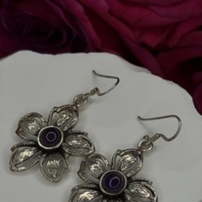 Vintage Flower 925 Sterling Silver Amethyst Earrings