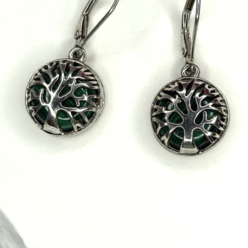 Tree of Life 925 Sterling Silver Malachite Earrings