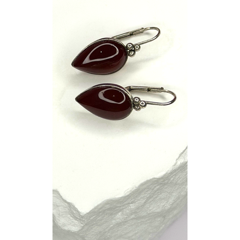 Vintage 925 Sterling Silver Carnelian Teardrop Dangle Earrings
