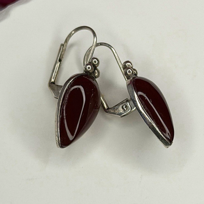 Vintage 925 Sterling Silver Carnelian Teardrop Dangle Earrings