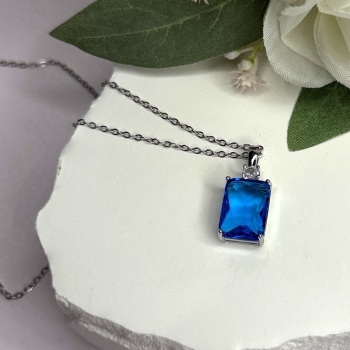 925 Sterling Silver Blue Shiny Cz Necklace Length 16/18 in