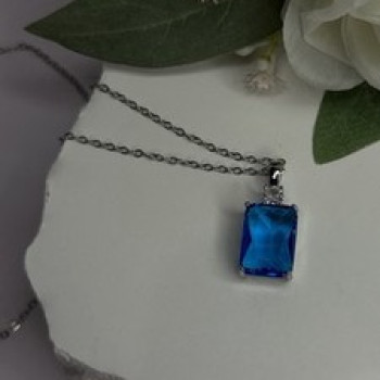 925 Sterling Silver Blue Shiny Cz Necklace Length 16/18 in