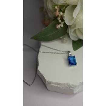 925 Sterling Silver Blue Shiny Cz Necklace Length 16/18 in